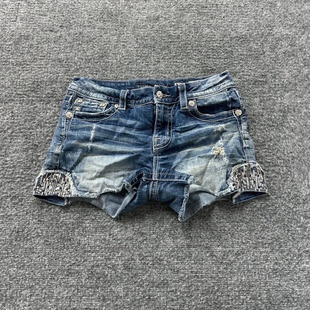 Miss Me Denim Shorts Womens Size 27 Blue Distressed Sequin Mid Rise Easy Short